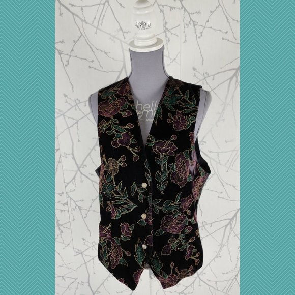 Tanjay Black Velvet Metallic Floral Button Front Vest - Picture 1 of 4